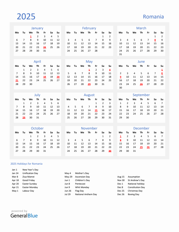 2025 Romania Calendar with Holidays