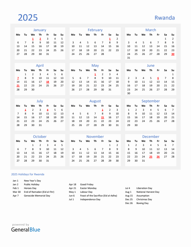 Basic Yearly Calendar with Holidays in Rwanda for 2025 