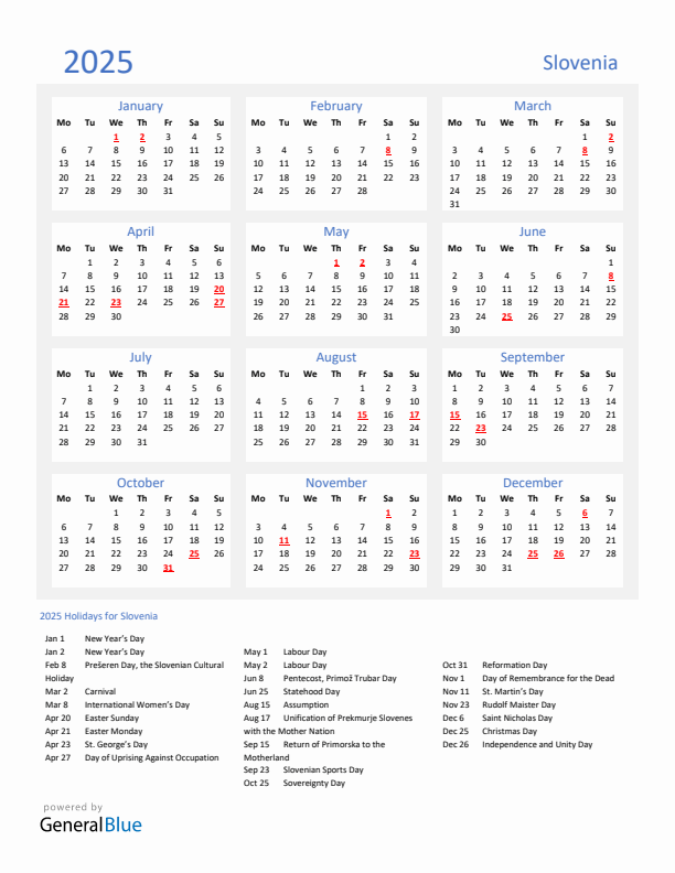 Basic Yearly Calendar with Holidays in Slovenia for 2025 