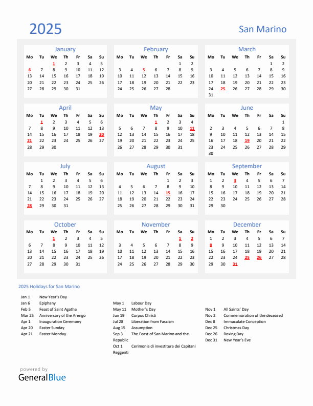 Basic Yearly Calendar with Holidays in San Marino for 2025 