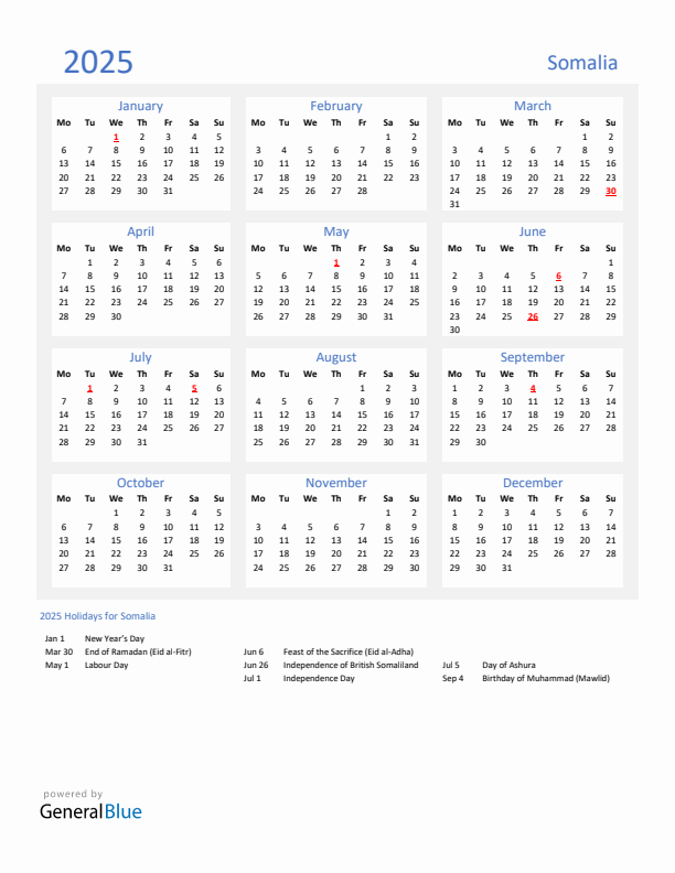 Basic Yearly Calendar with Holidays in Somalia for 2025 