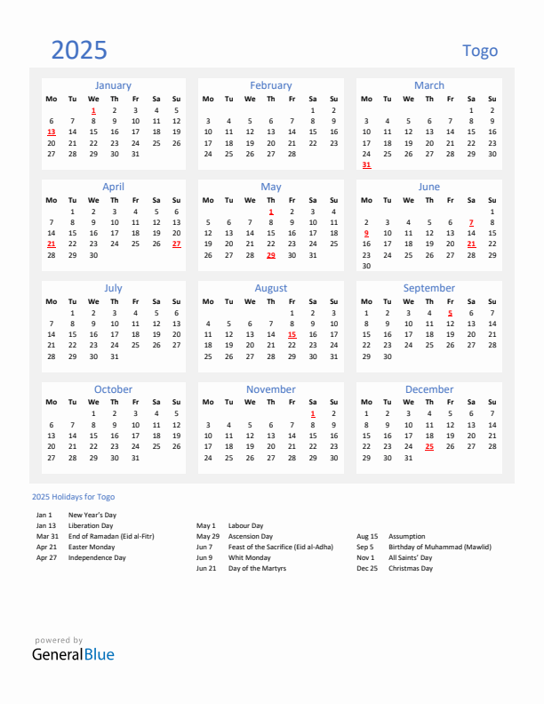 Basic Yearly Calendar with Holidays in Togo for 2025 