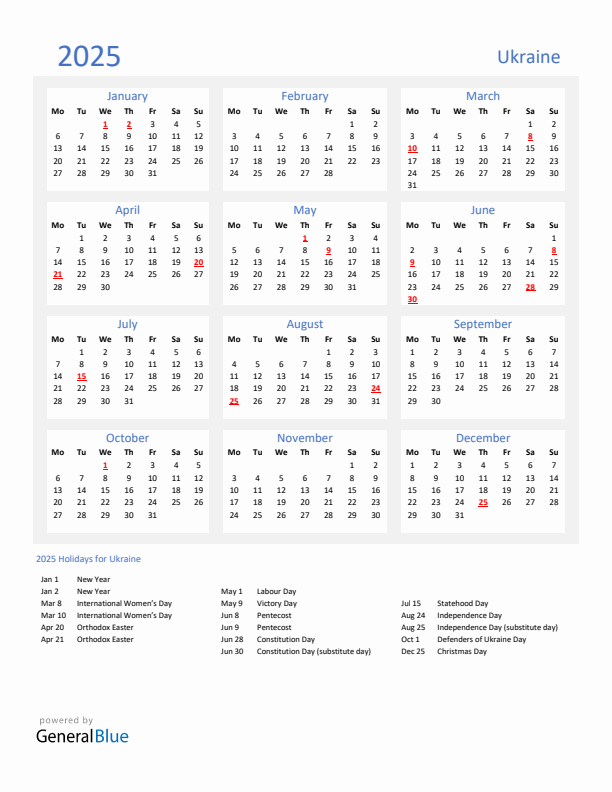 Basic Yearly Calendar with Holidays in Ukraine for 2025 