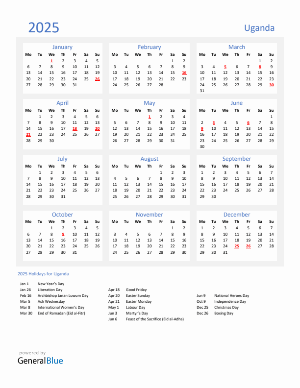 Basic Yearly Calendar with Holidays in Uganda for 2025 