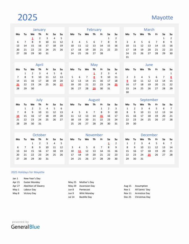 Basic Yearly Calendar with Holidays in Mayotte for 2025 