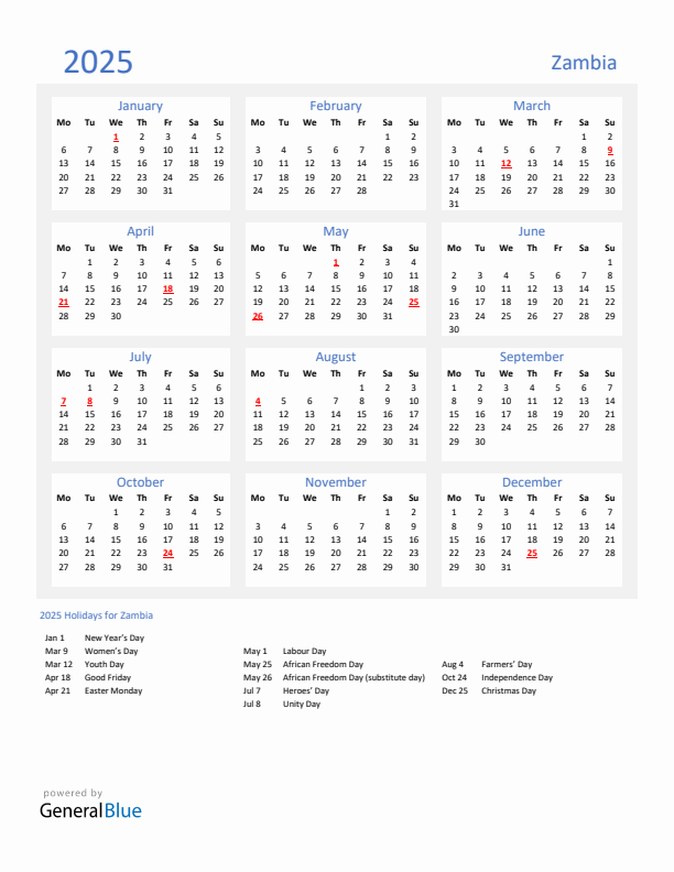 Basic Yearly Calendar with Holidays in Zambia for 2025 