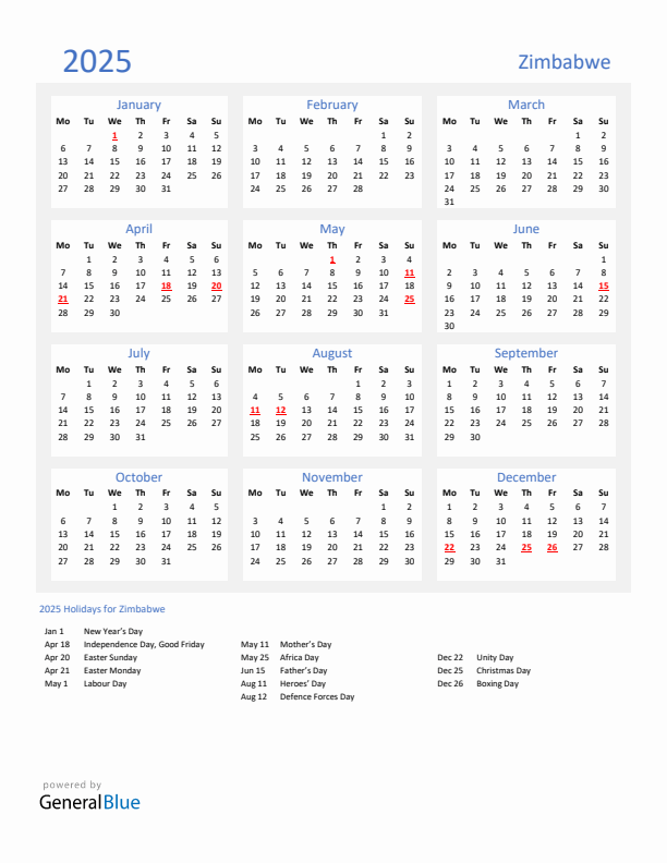 Basic Yearly Calendar with Holidays in Zimbabwe for 2025 