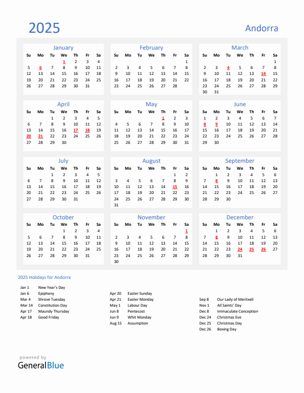 Basic Yearly Calendar with Holidays in Andorra for 2025 