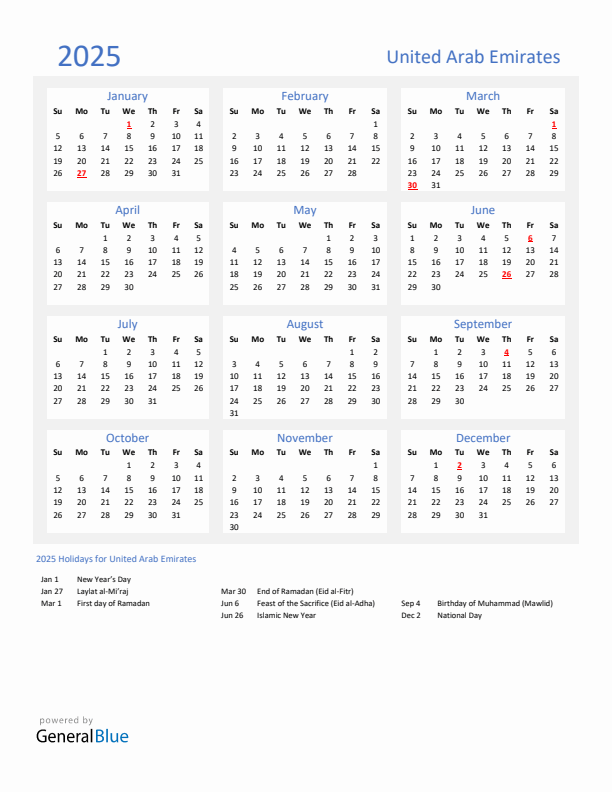 Basic Yearly Calendar with Holidays in United Arab Emirates for 2025 