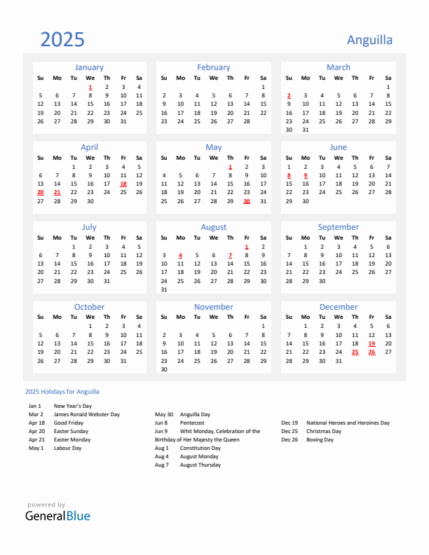 Basic Yearly Calendar with Holidays in Anguilla for 2025 