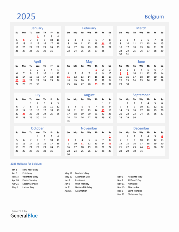 Basic Yearly Calendar with Holidays in Belgium for 2025 