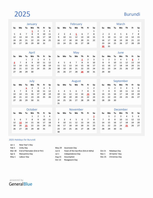 Basic Yearly Calendar with Holidays in Burundi for 2025 