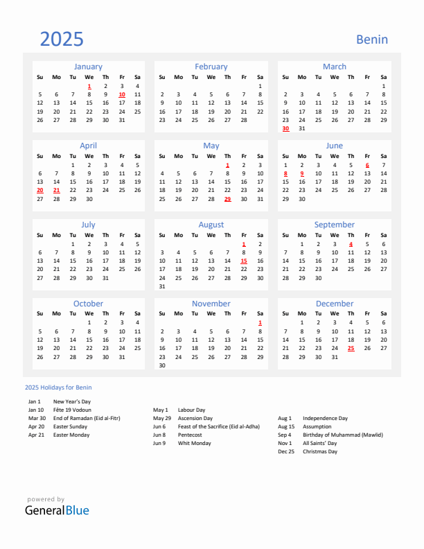 Basic Yearly Calendar with Holidays in Benin for 2025 