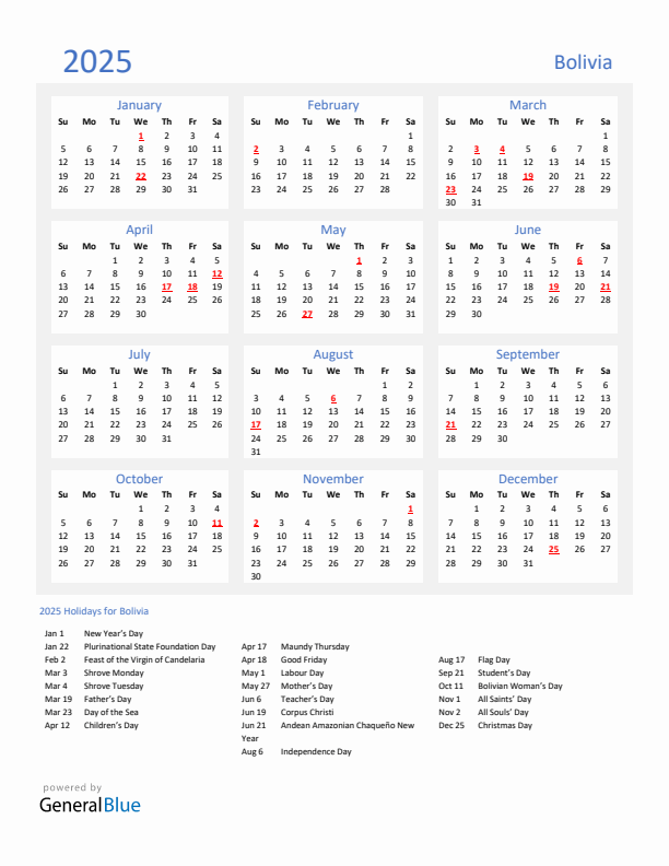 Basic Yearly Calendar with Holidays in Bolivia for 2025 