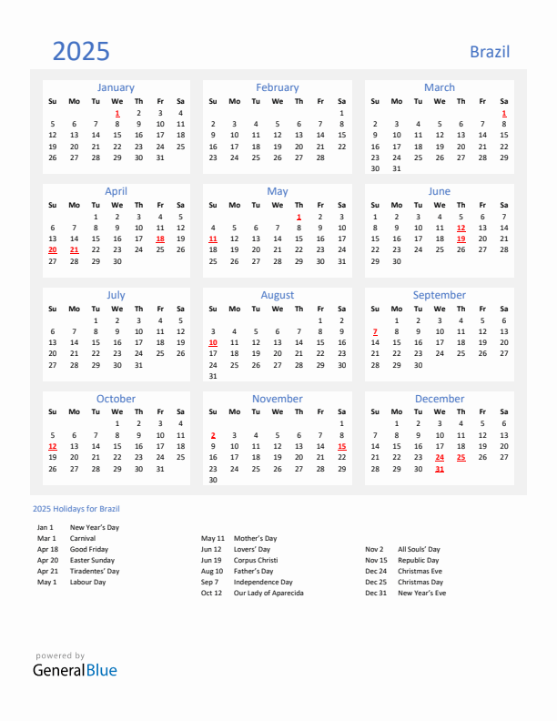 Basic Yearly Calendar with Holidays in Brazil for 2025 