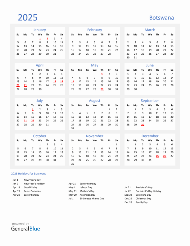 Basic Yearly Calendar with Holidays in Botswana for 2025 