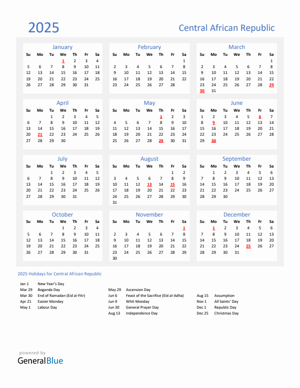 Basic Yearly Calendar with Holidays in Central African Republic for 2025 