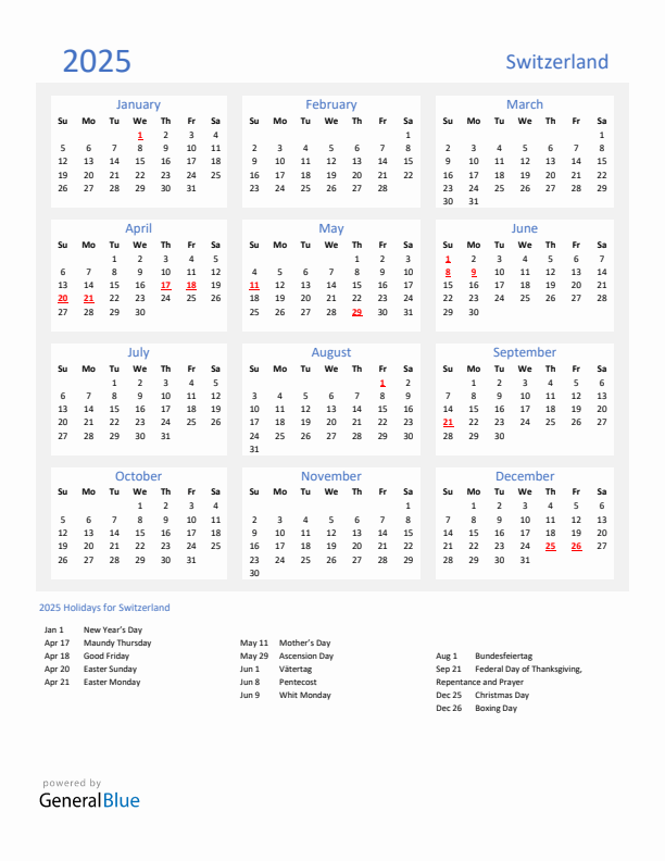 Basic Yearly Calendar with Holidays in Switzerland for 2025 