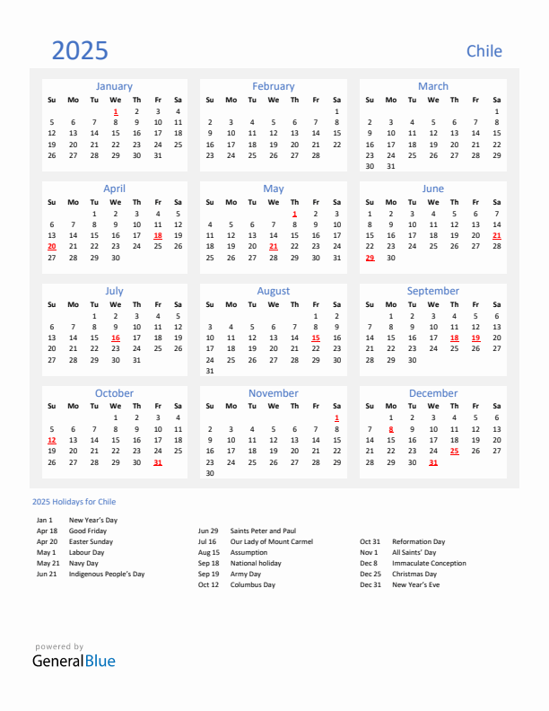 Basic Yearly Calendar with Holidays in Chile for 2025 