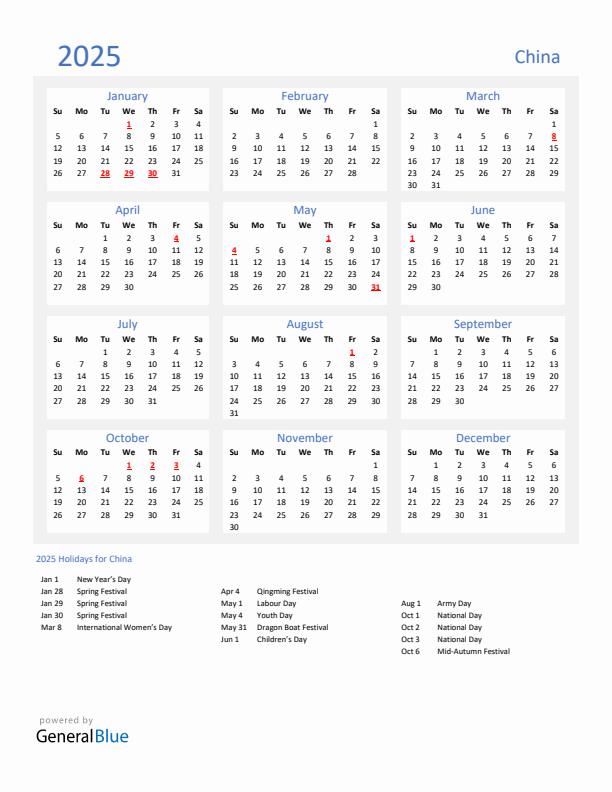 Basic Yearly Calendar with Holidays in China for 2025 