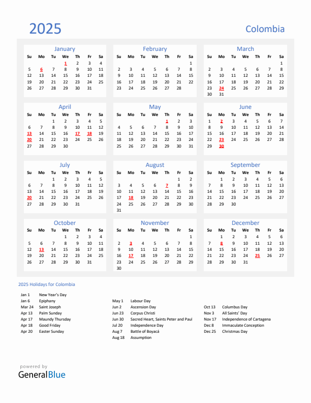 2025 Colombia Calendar with Holidays