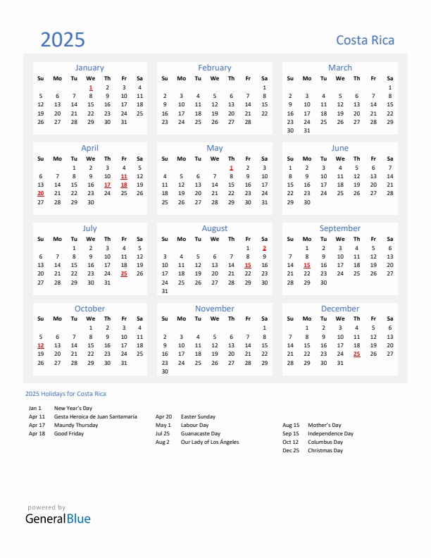 Basic Yearly Calendar with Holidays in Costa Rica for 2025 