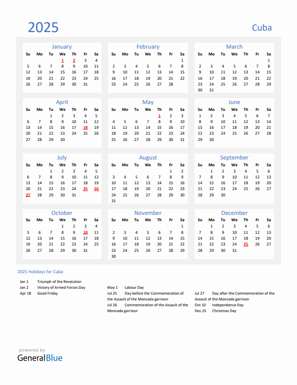 Basic Yearly Calendar with Holidays in Cuba for 2025 