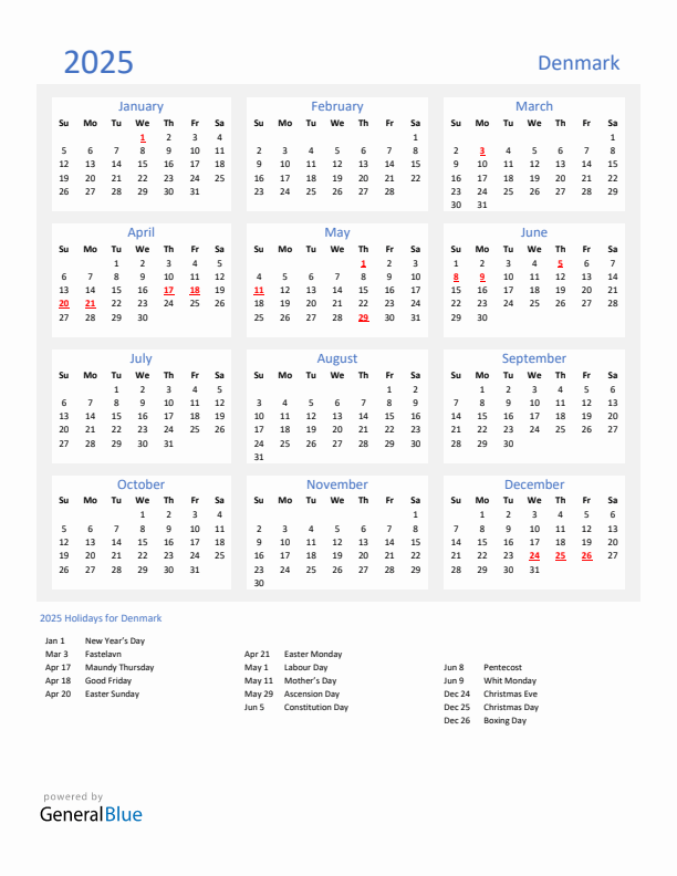 Basic Yearly Calendar with Holidays in Denmark for 2025 