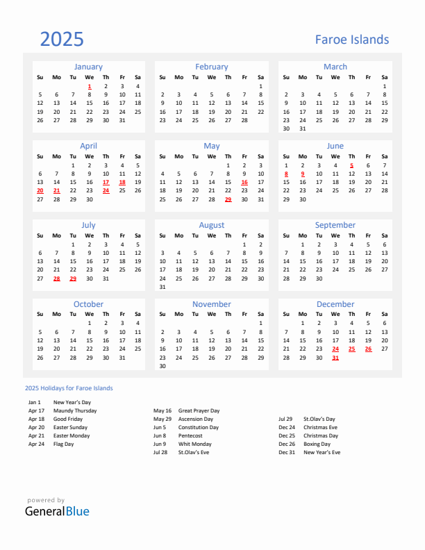 Basic Yearly Calendar with Holidays in Faroe Islands for 2025 