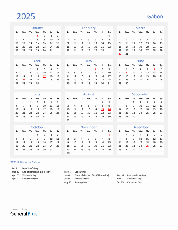 Basic Yearly Calendar with Holidays in Gabon for 2025 