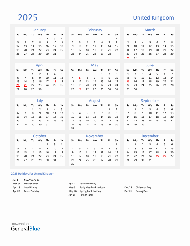 Basic Yearly Calendar with Holidays in United Kingdom for 2025 