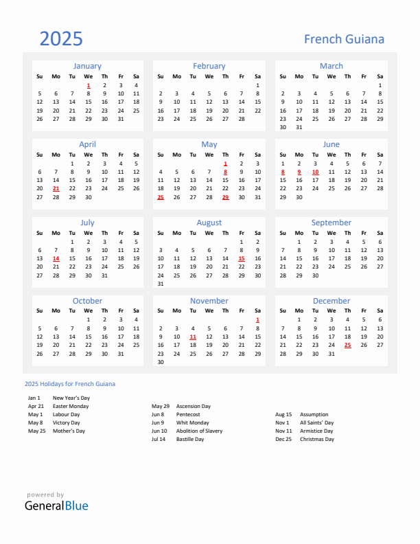 Basic Yearly Calendar with Holidays in French Guiana for 2025 