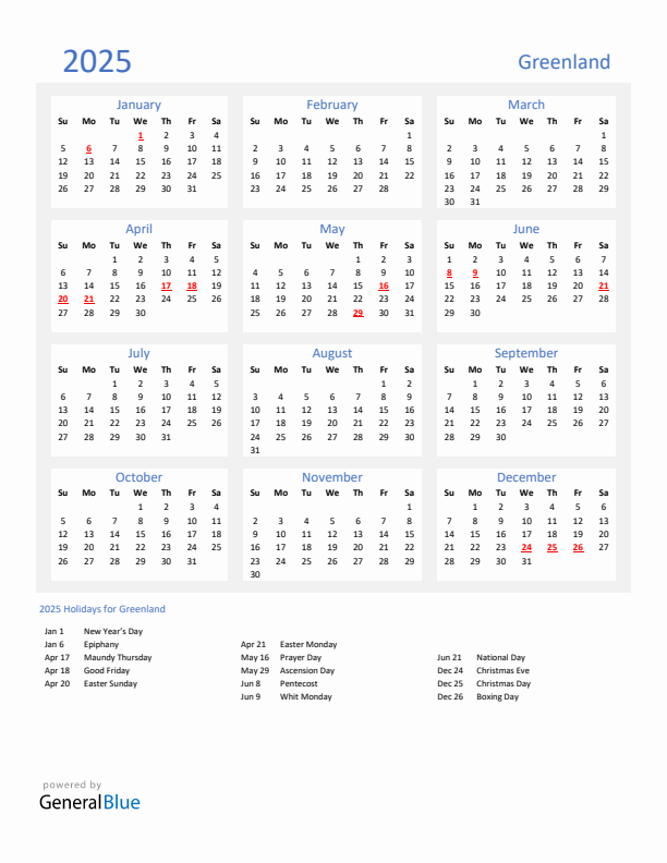 Basic Yearly Calendar with Holidays in Greenland for 2025 