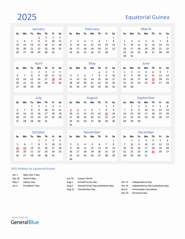 Basic Yearly Calendar with Holidays in Equatorial Guinea for 2025 