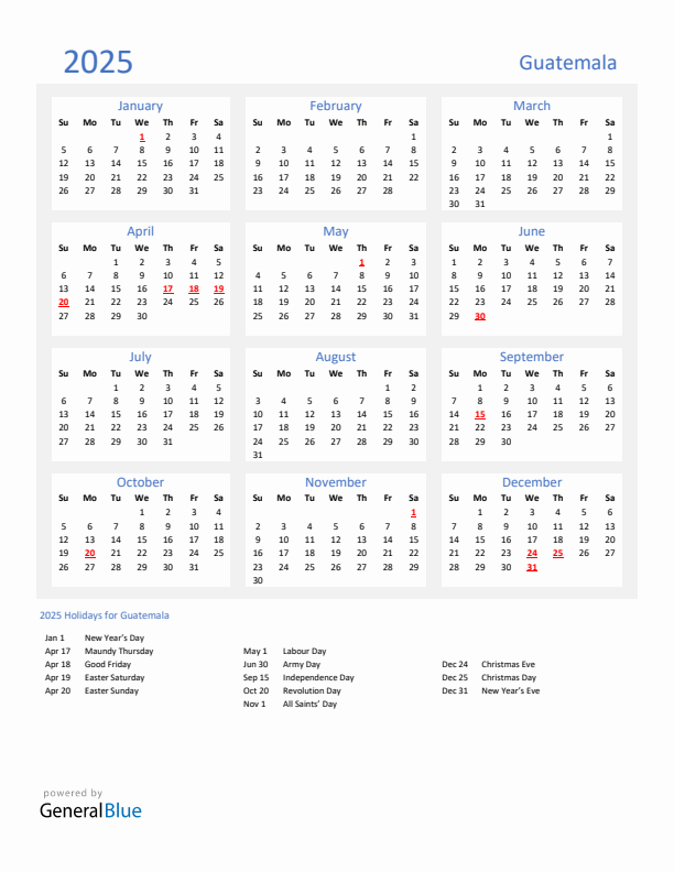 Basic Yearly Calendar with Holidays in Guatemala for 2025 