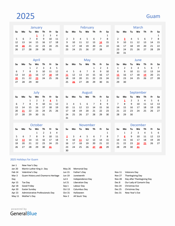 Basic Yearly Calendar with Holidays in Guam for 2025 