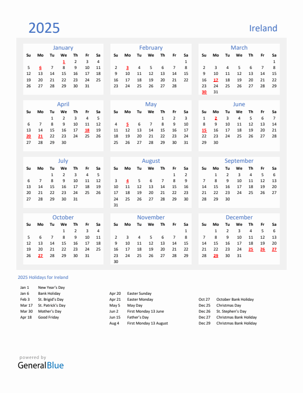 Basic Yearly Calendar with Holidays in Ireland for 2025 