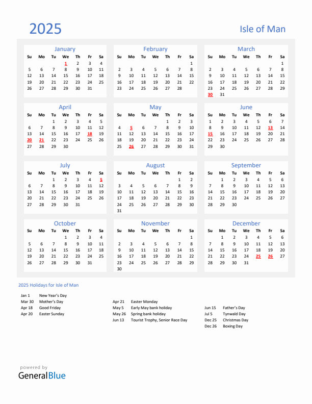 Basic Yearly Calendar with Holidays in Isle of Man for 2025 