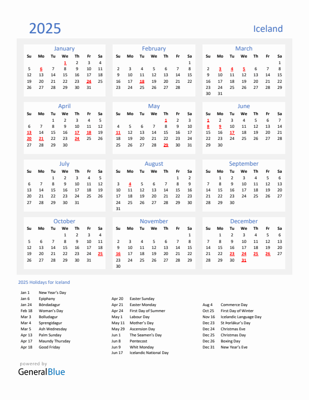 Basic Yearly Calendar with Holidays in Iceland for 2025 