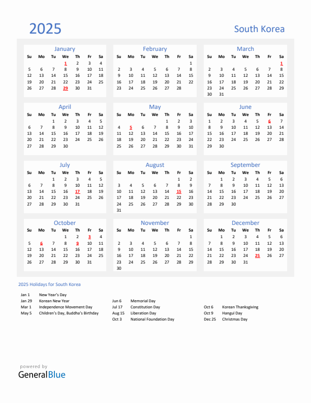 Basic Yearly Calendar with Holidays in South Korea for 2025 