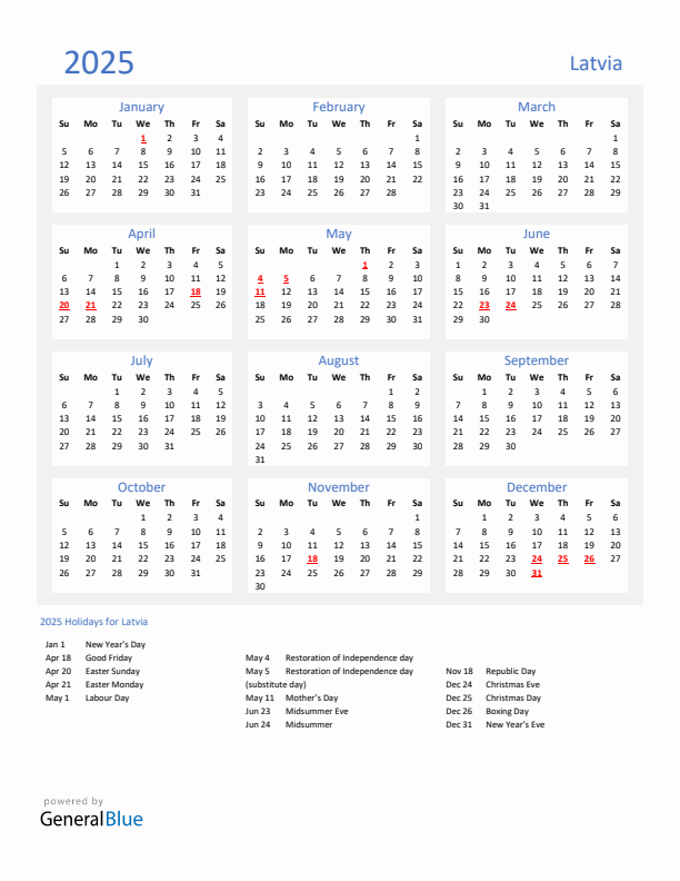 Basic Yearly Calendar with Holidays in Latvia for 2025 