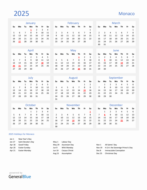 Basic Yearly Calendar with Holidays in Monaco for 2025 