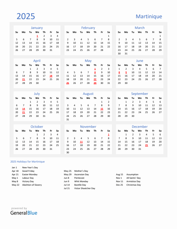 Basic Yearly Calendar with Holidays in Martinique for 2025 