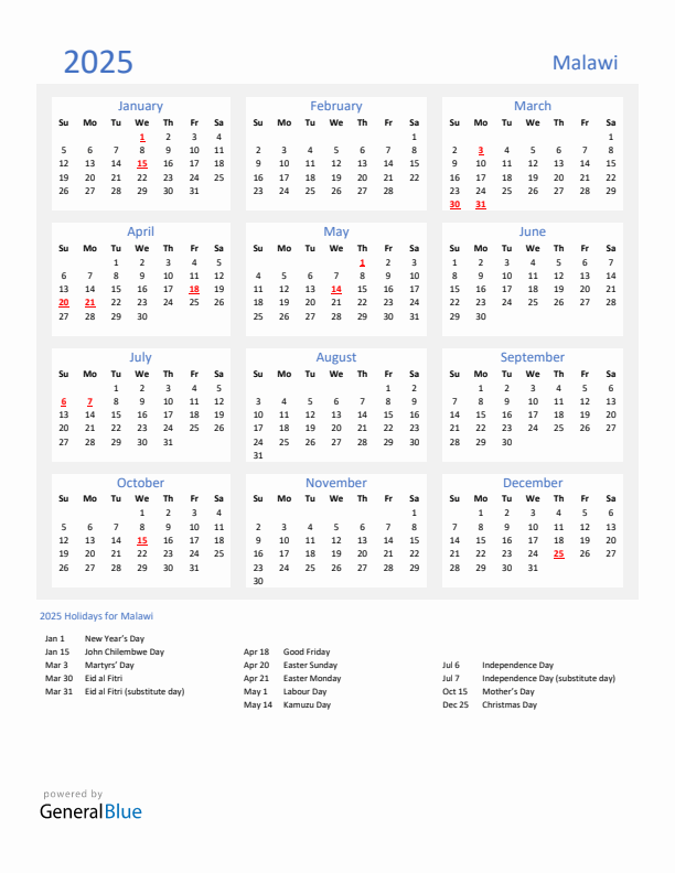 Basic Yearly Calendar with Holidays in Malawi for 2025 