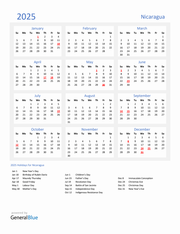 Basic Yearly Calendar with Holidays in Nicaragua for 2025 