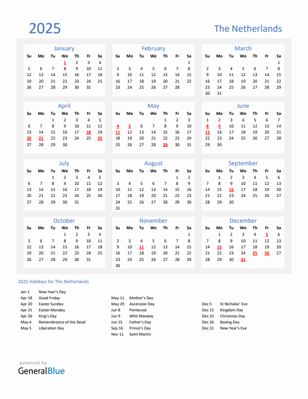 Basic Yearly Calendar with Holidays in The Netherlands for 2025 