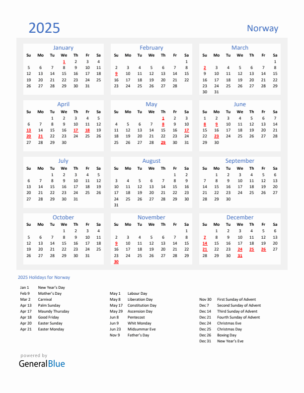 Basic Yearly Calendar with Holidays in Norway for 2025 