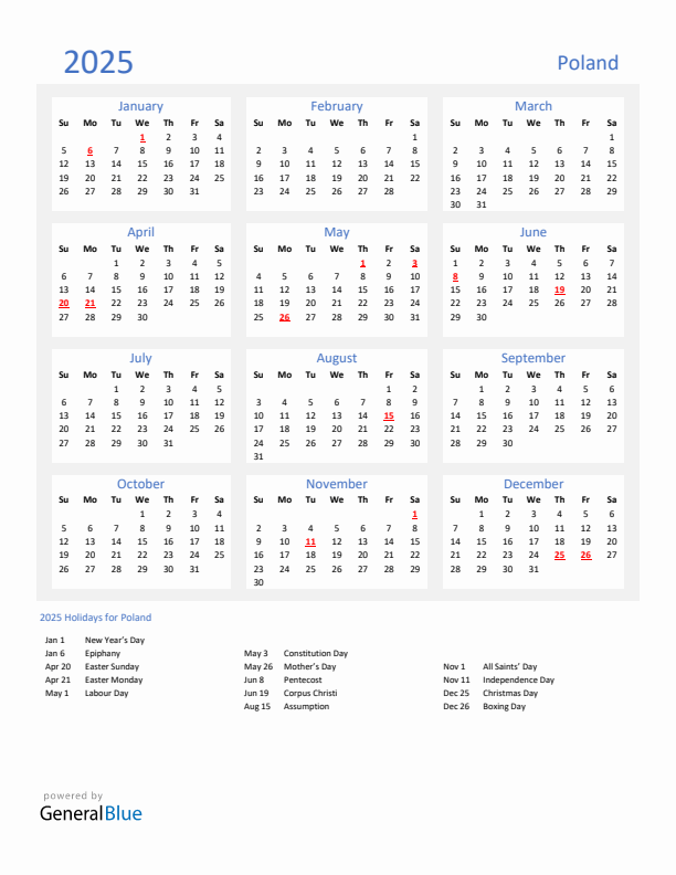 Basic Yearly Calendar with Holidays in Poland for 2025 