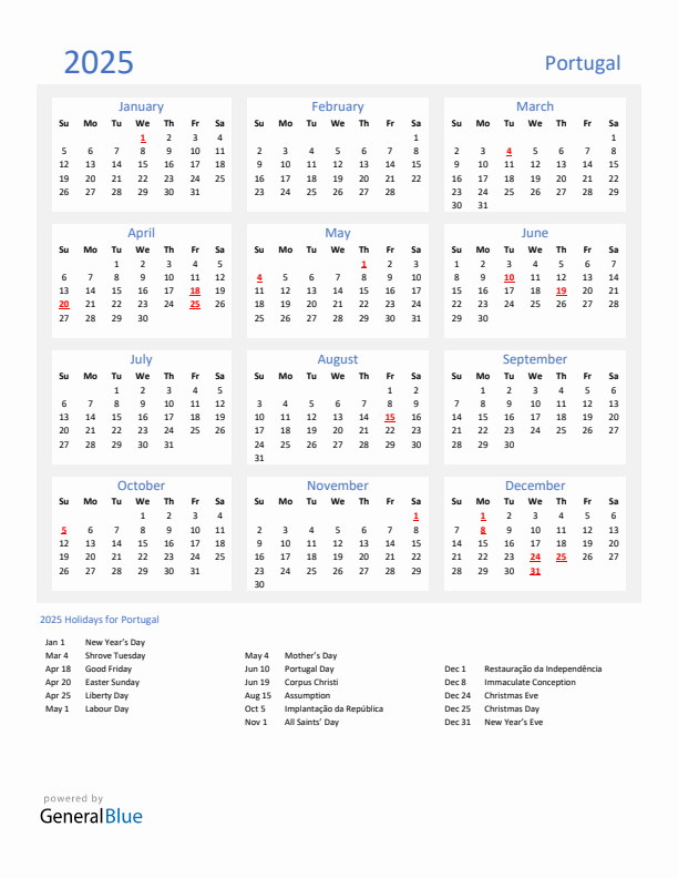 Basic Yearly Calendar with Holidays in Portugal for 2025 