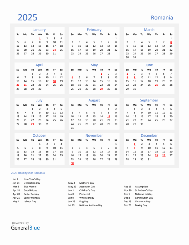 Basic Yearly Calendar with Holidays in Romania for 2025 